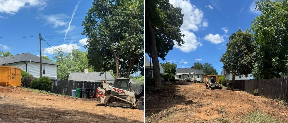 Before and after: cluttered lot cleared to build-ready ground in Mecklenburg County
