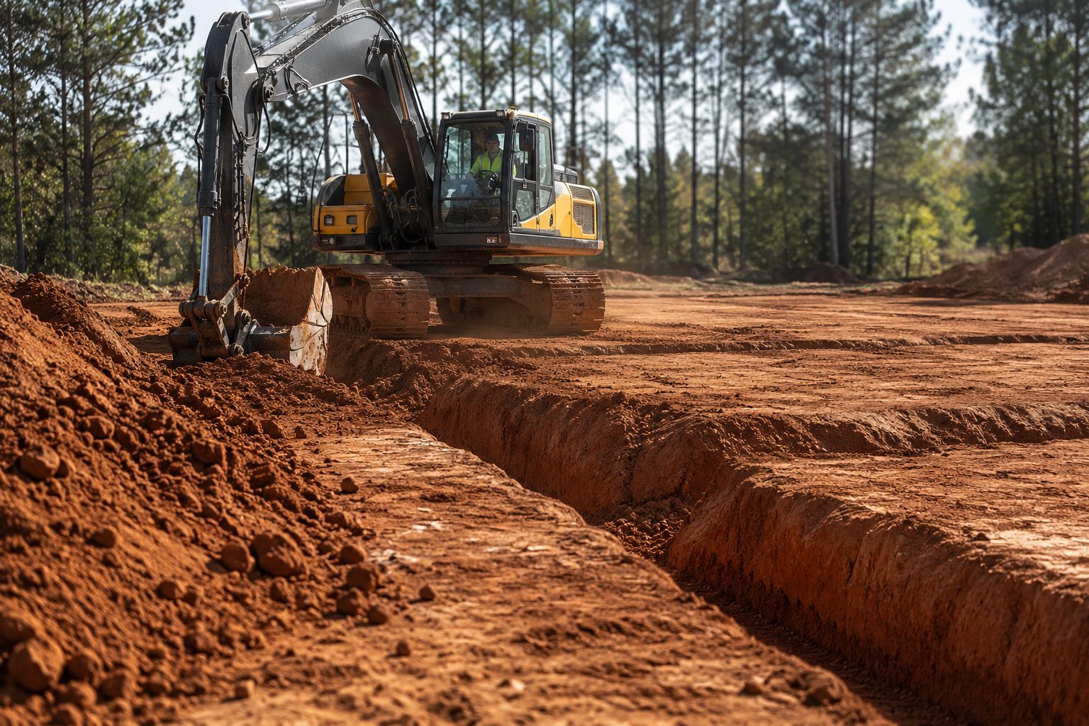 Excavator digging a trench
