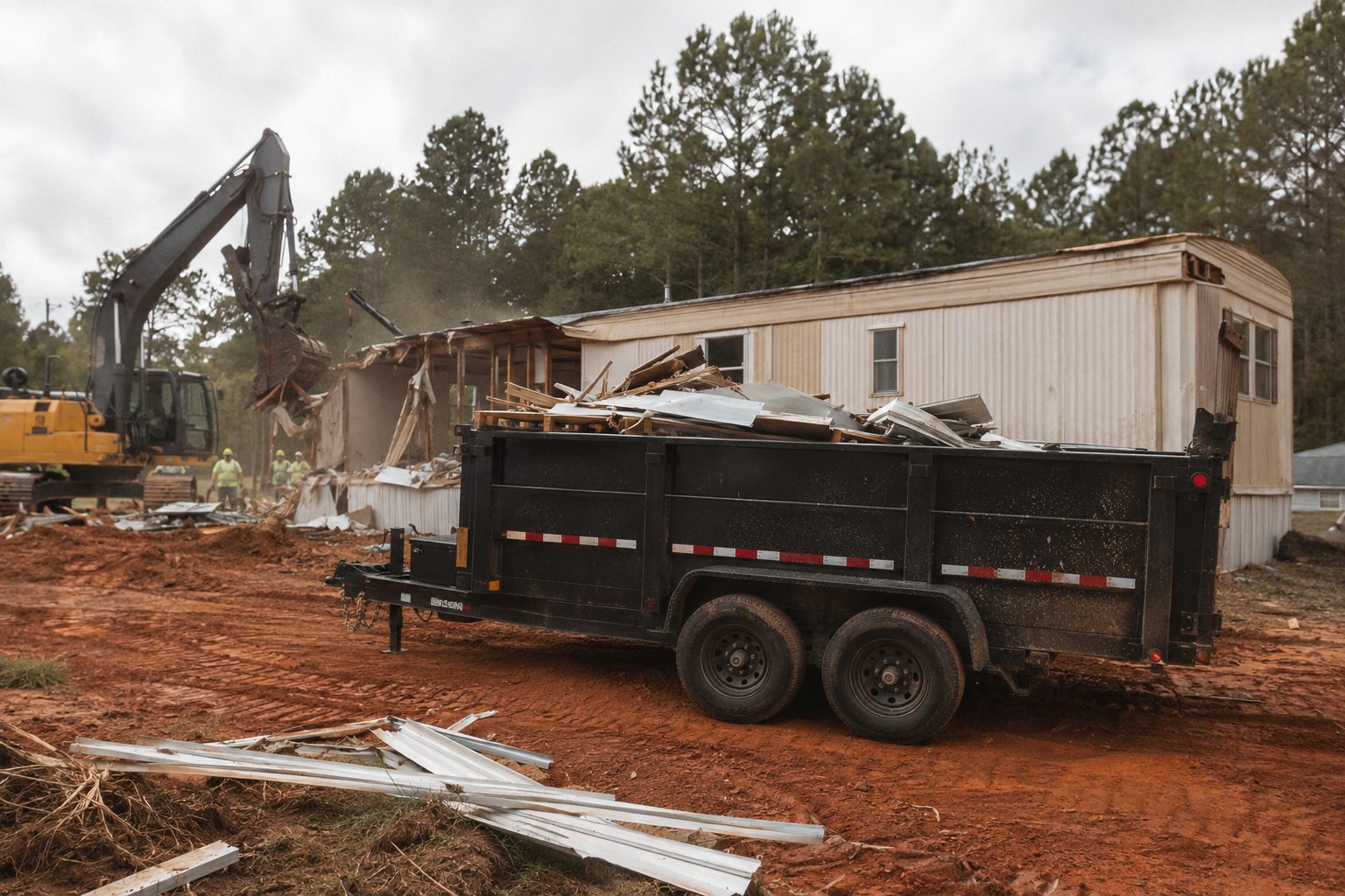 Mobile home demolition with dump trailer
