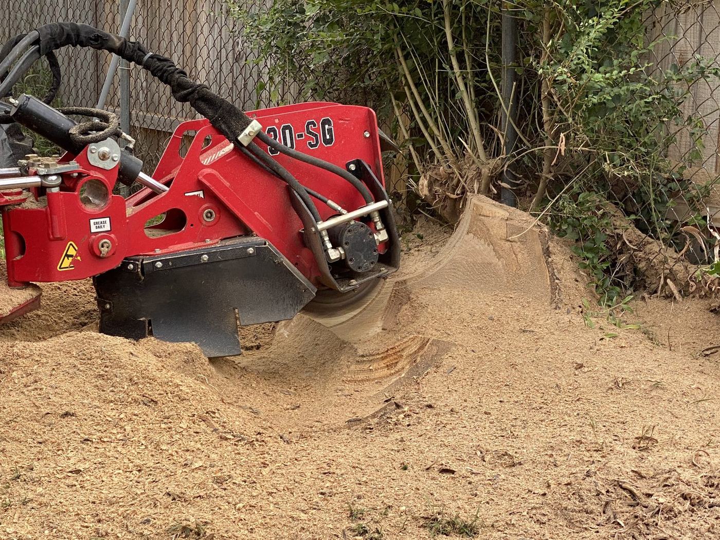 Stump grinder cutter wheel grinding a stump below grade in a Charlotte NC backyard
